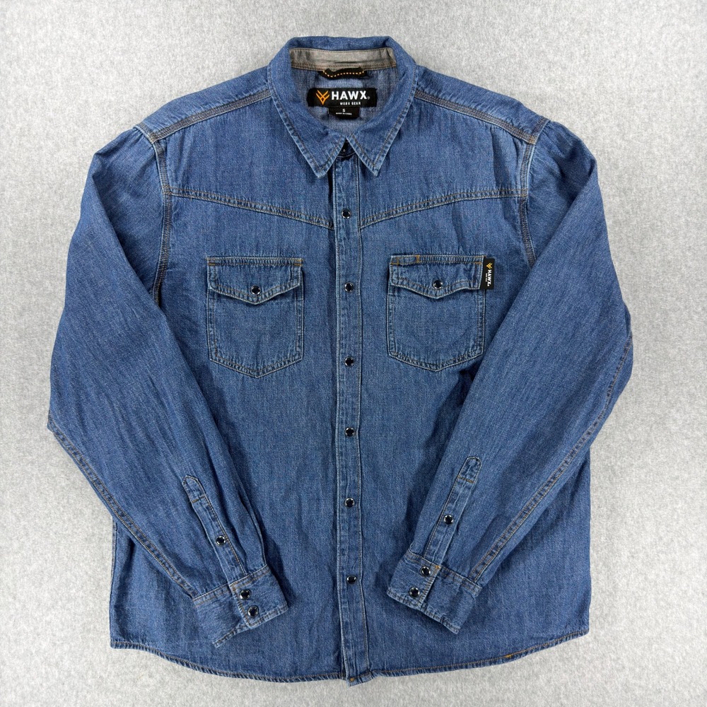 Hawx Work Gear Mens Small Blue Denim Long Sleeve Snap Front Western Shirt HF18WS